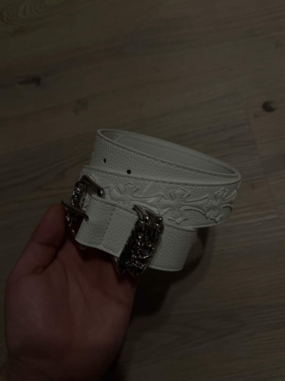 Chrome Hearts White Embossed Leather Women's Belt with Silver Buckle